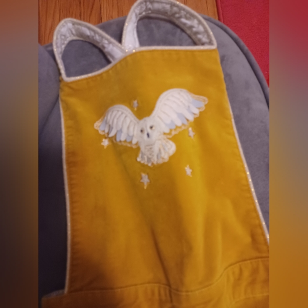 Mini Boden yellow velour overalls owl 7-8